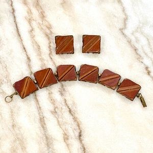 Vintage Wood Tile Bracelet & Earrings Set